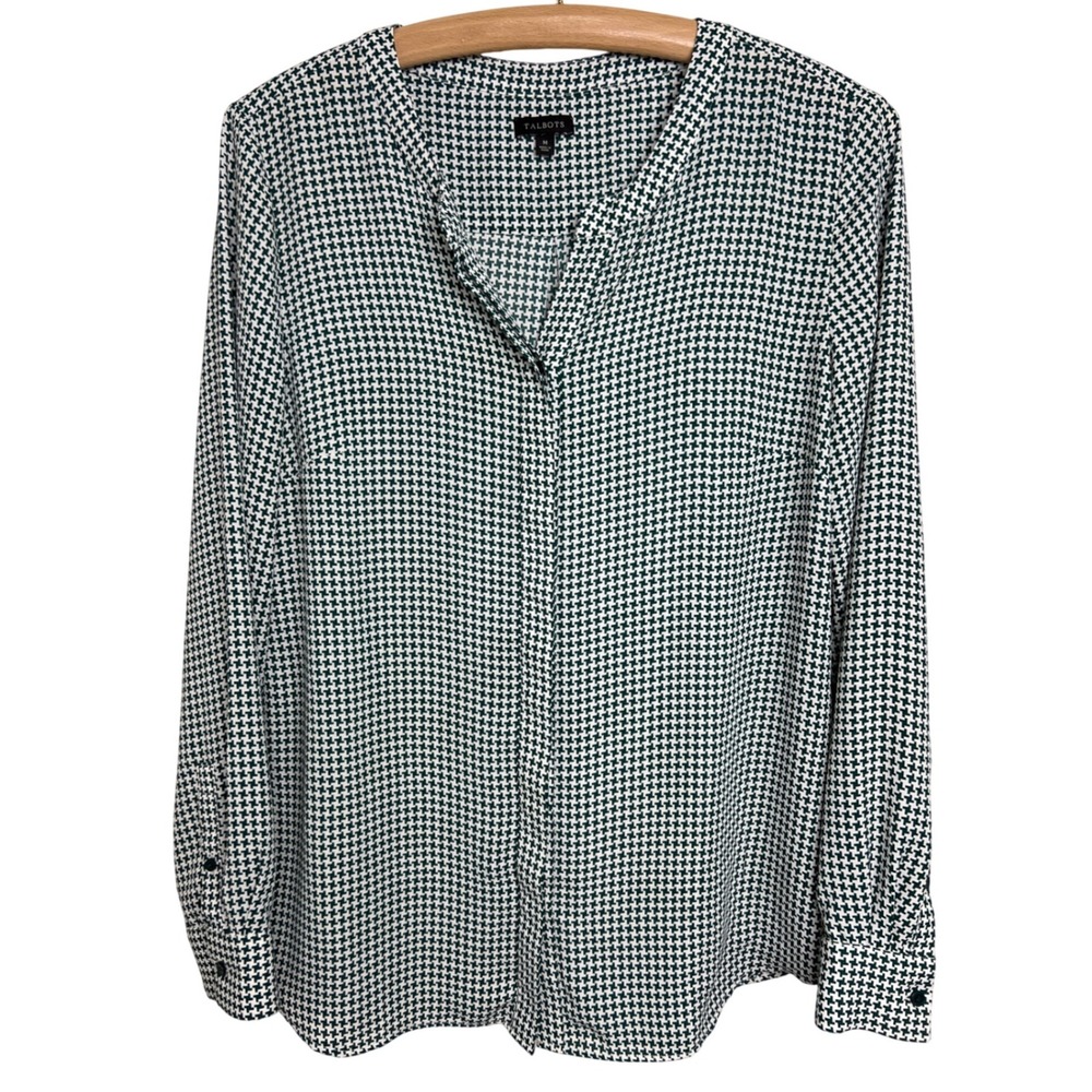 Talbots Blouse Womens M Green White Houndstooth Long Sleeve‎ V-Neck Top B25